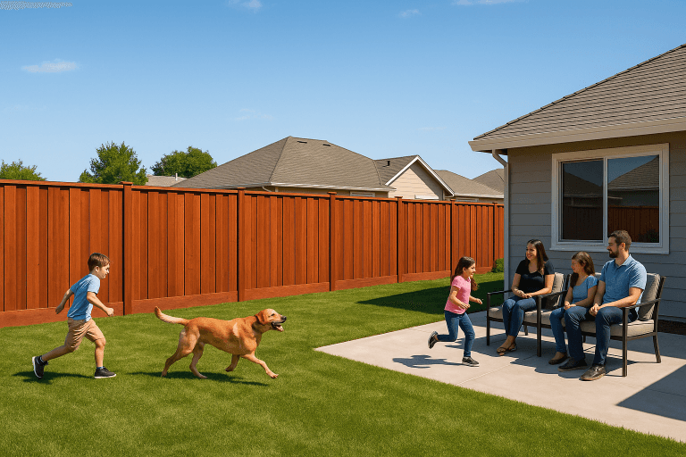 A family relaxes on the patio while children and a dog play in the grass in a Sacramento backyard enclosed by a tall redwood privacy fence.