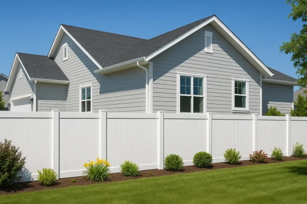 White vinyl privacy fence installation around a suburban Sacramento home with fresh landscaping and clear blue sky
