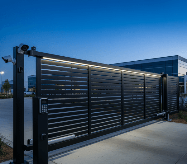 Modern black automated sliding gate with keypad entry system at the entrance of a commercial property.