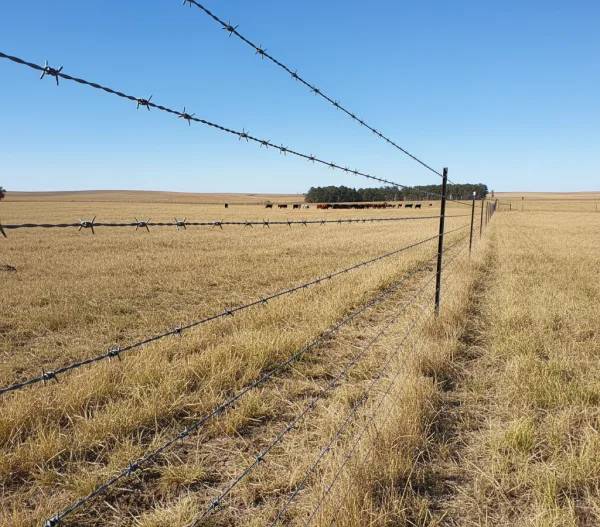 Barbed wire fence with multiple strands stretched between steel posts across open farmland with cattle.