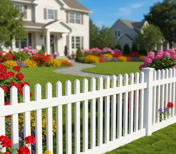 White vinyl picket fence with pointed tops enclosing a front yard garden filled with colorful flowers and a stone pathway.