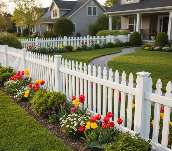 White-painted redwood picket fence enclosing a front yard garden with flowers and a cobblestone path.
