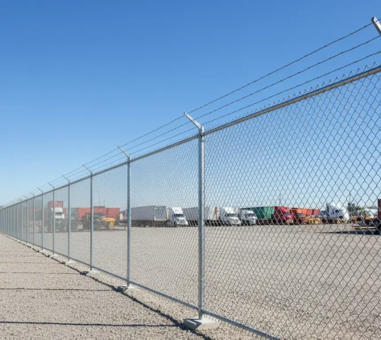 Tall galvanized chain link security fence with barbed wire enclosing an industrial warehouse yard.