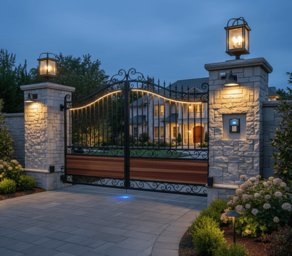 Ornamental iron and wood gate with keypad, intercom, and smart access system at a residential property.