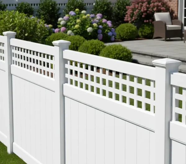White decorative vinyl fence with lattice top and scalloped design surrounding a landscaped garden with flowers.