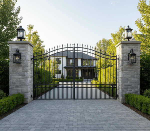 Large black wrought iron double-swing driveway gate mounted on stone pillars, leading to a landscaped suburban home.