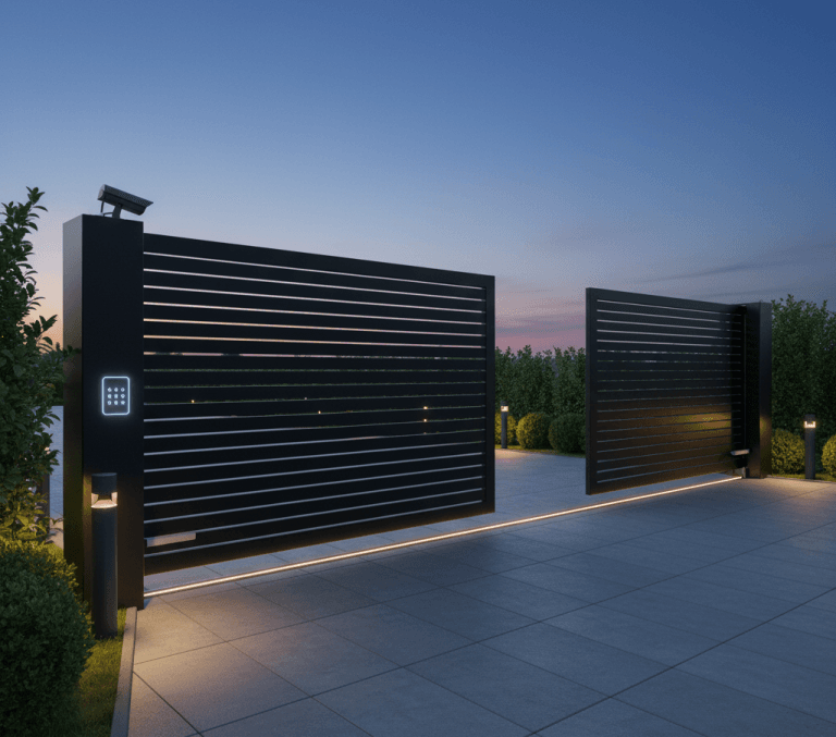 Black automated sliding gate with keypad access and LED ground lighting at a residential entrance at dusk.