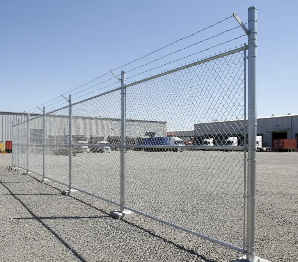 Chain link security fence with barbed wire enclosing an industrial warehouse yard.