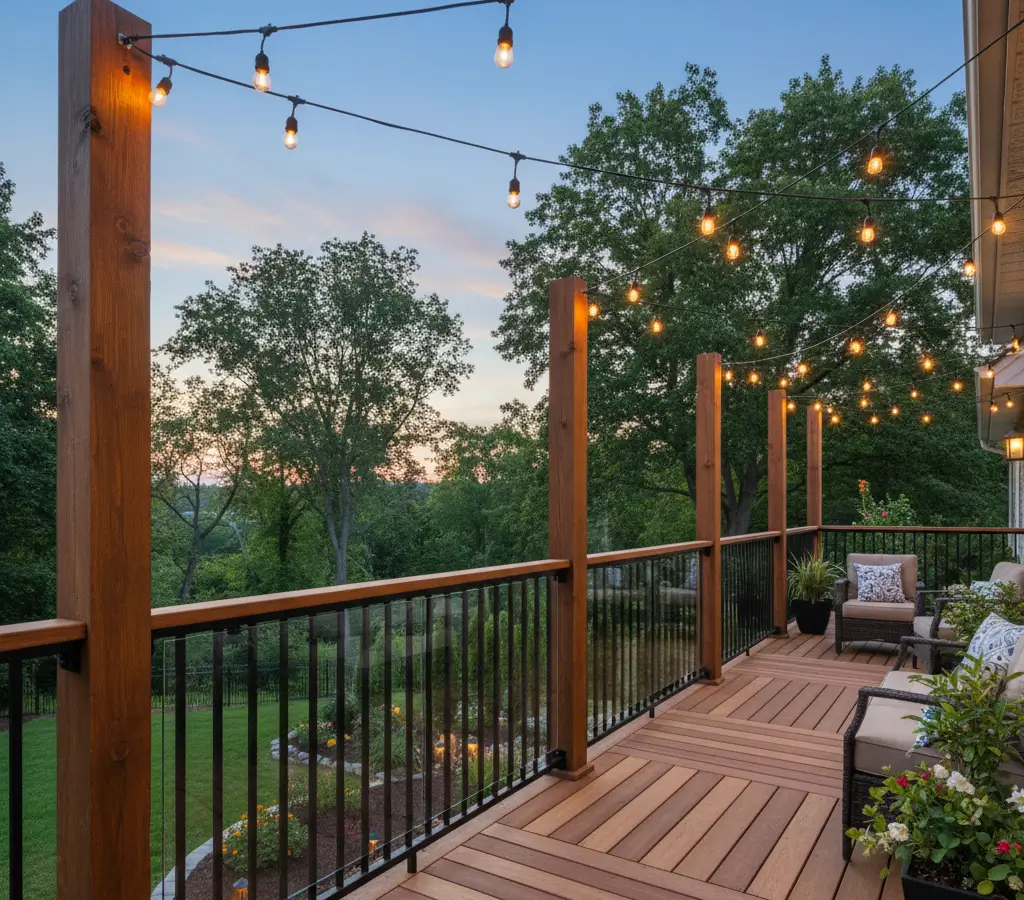 Backyard deck with mixed-material railings of wood, glass, and iron illuminated by string lights at sunset.