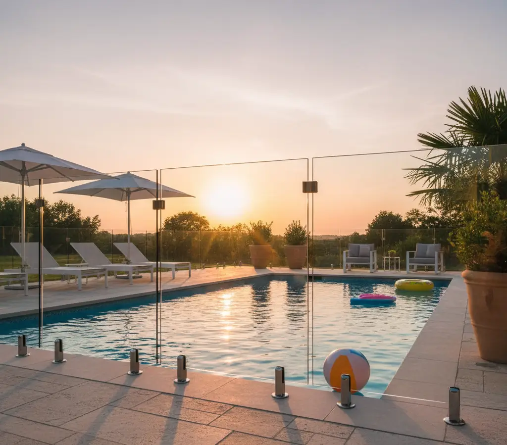Clear glass pool fencing enclosing a backyard pool with lounge chairs and sunset reflections on the water.