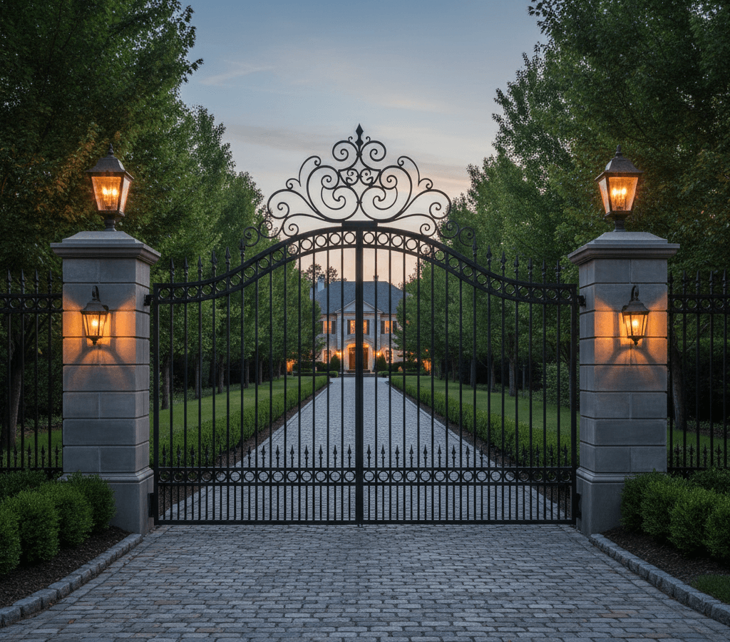 Ornamental wrought iron fence with spear tops and scrollwork enclosing an estate entrance lit by lanterns at dusk.
