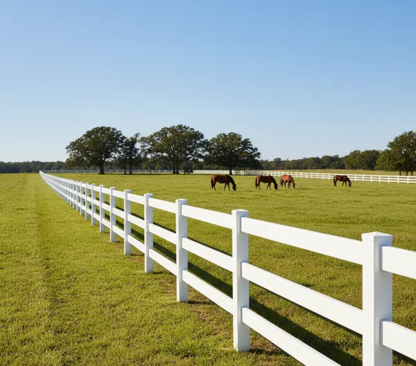 White three-rail ranch fence enclosing a pasture with grazing horses and a red barn glowing at sunset.