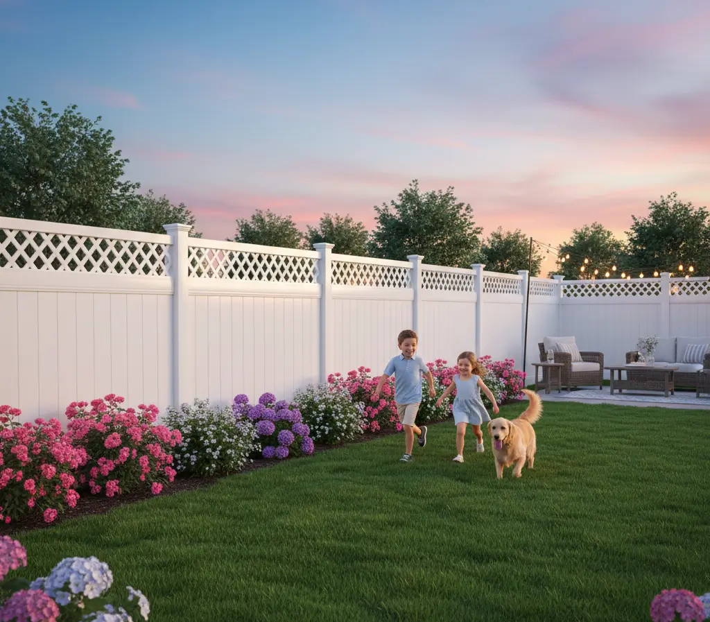 White vinyl privacy fence with lattice top enclosing a backyard with children, a dog, and gardens at sunset.