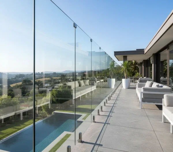 Clear tempered glass deck railings with stainless steel clamps providing unobstructed backyard views.
