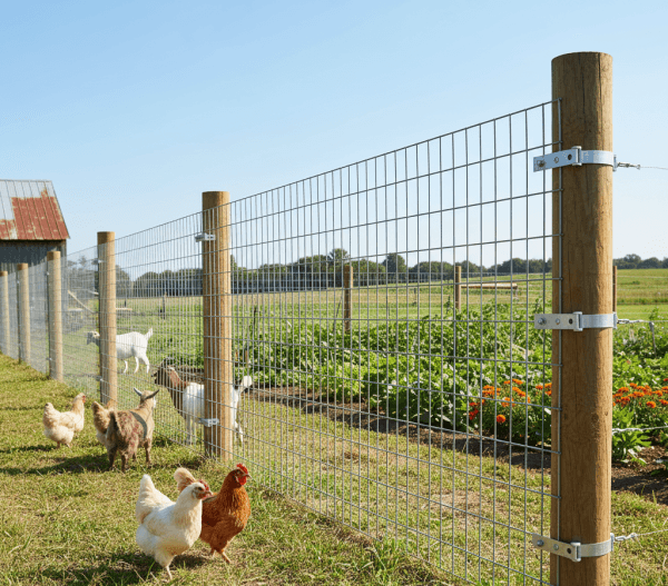 Hog wire and field fencing with welded wire panels and wooden posts enclosing livestock and a garden.