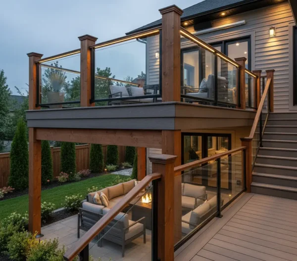 Deck railing combining wood posts, black metal balusters, and glass panels for a custom outdoor design.
