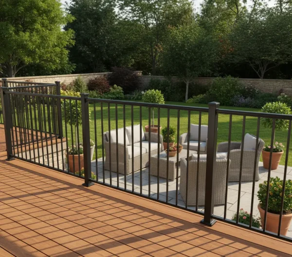 Black metal deck railings with vertical balusters and continuous top rail installed on a backyard deck.