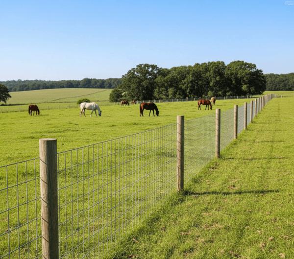No-climb horse fence with tightly woven wire mesh and wooden posts enclosing a pasture with grazing horses.