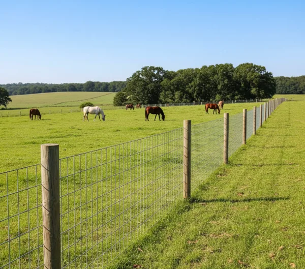 No-climb horse fence with tightly woven wire mesh and wooden posts enclosing a pasture with grazing horses.