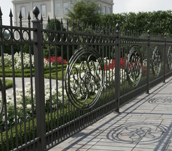 Black ornamental iron fence with decorative scrollwork panels enclosing a landscaped property with stone walkway.