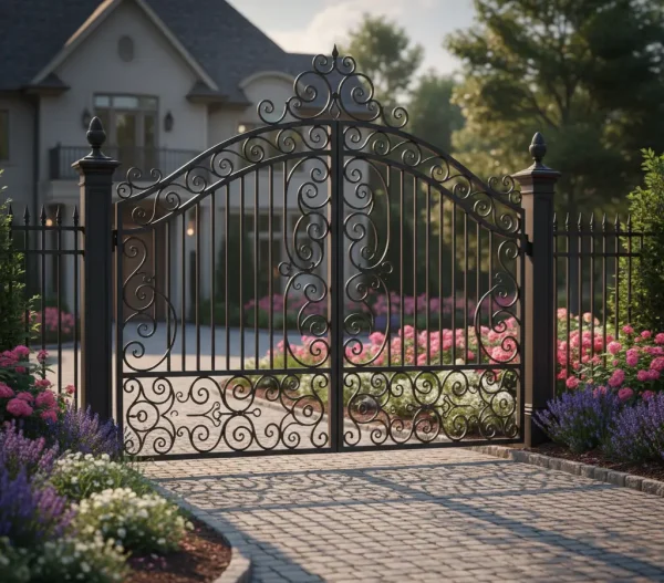 Black decorative wrought iron driveway gate with scrollwork design mounted on stone pillars.