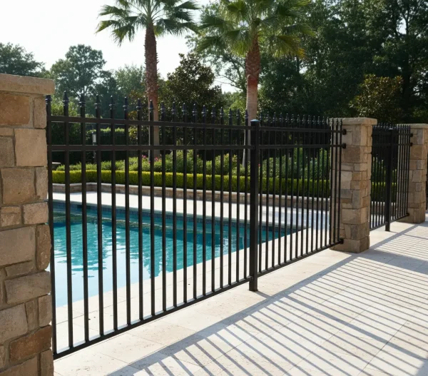 Black ornamental iron pool fence with vertical pickets and finials enclosing a backyard swimming pool.