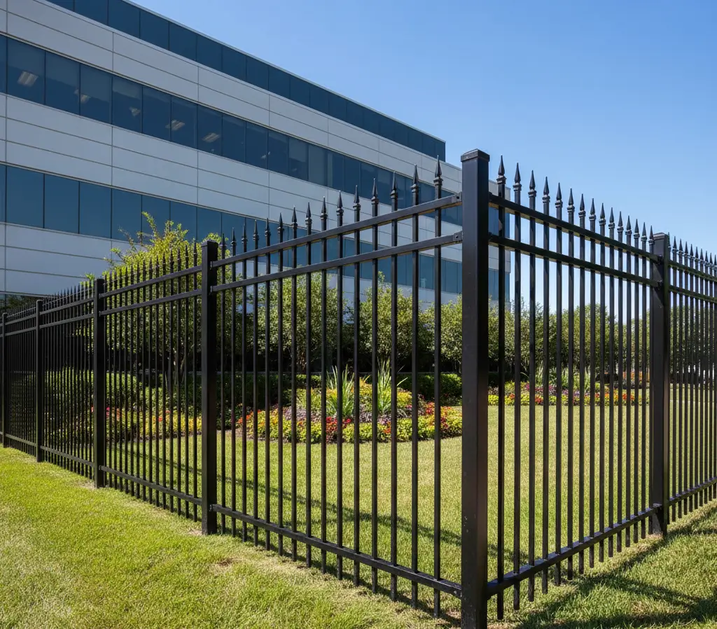Black ornamental iron and steel fence with spear-point tops enclosing a landscaped office building.