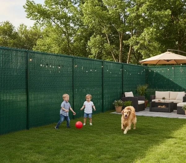Green privacy chain link fence with slats woven into the mesh, blocking visibility while enclosing a backyard.