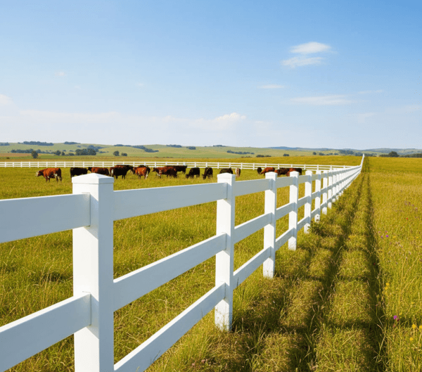 White ranch rail fence with three horizontal rails enclosing an open rural pasture with grazing livestock.