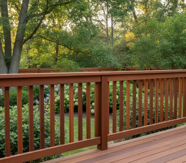 Redwood deck railings with stained wood balusters and top rail installed on an outdoor patio.