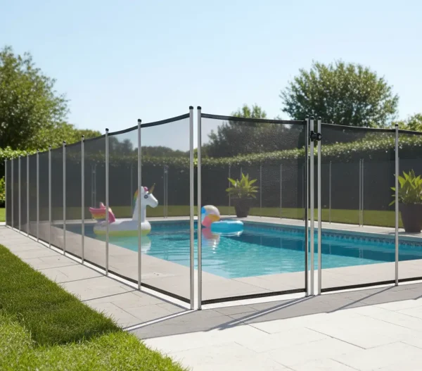 Black mesh pool safety fence enclosing a backyard pool with lightweight aluminum posts and a childproof gate.