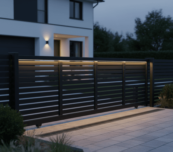 Black horizontal steel sliding gate on a track at the entrance of a suburban property with landscaping.