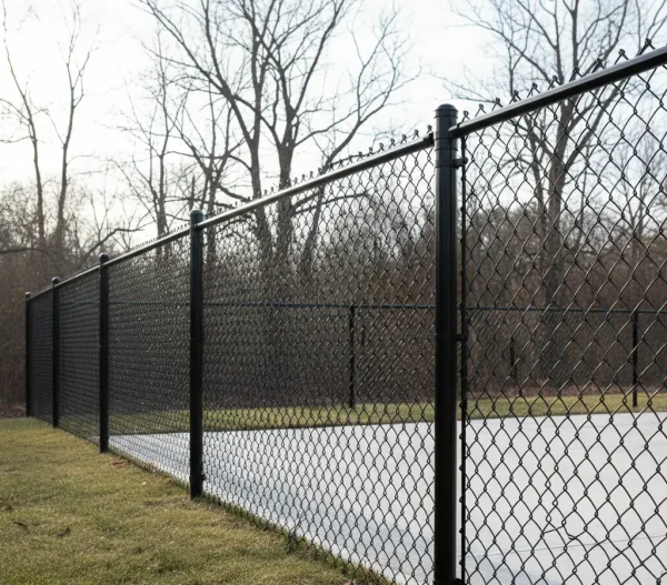 Black vinyl-coated chain link fence enclosing a backyard with patio and trees, offering weather protection and polished appearance.