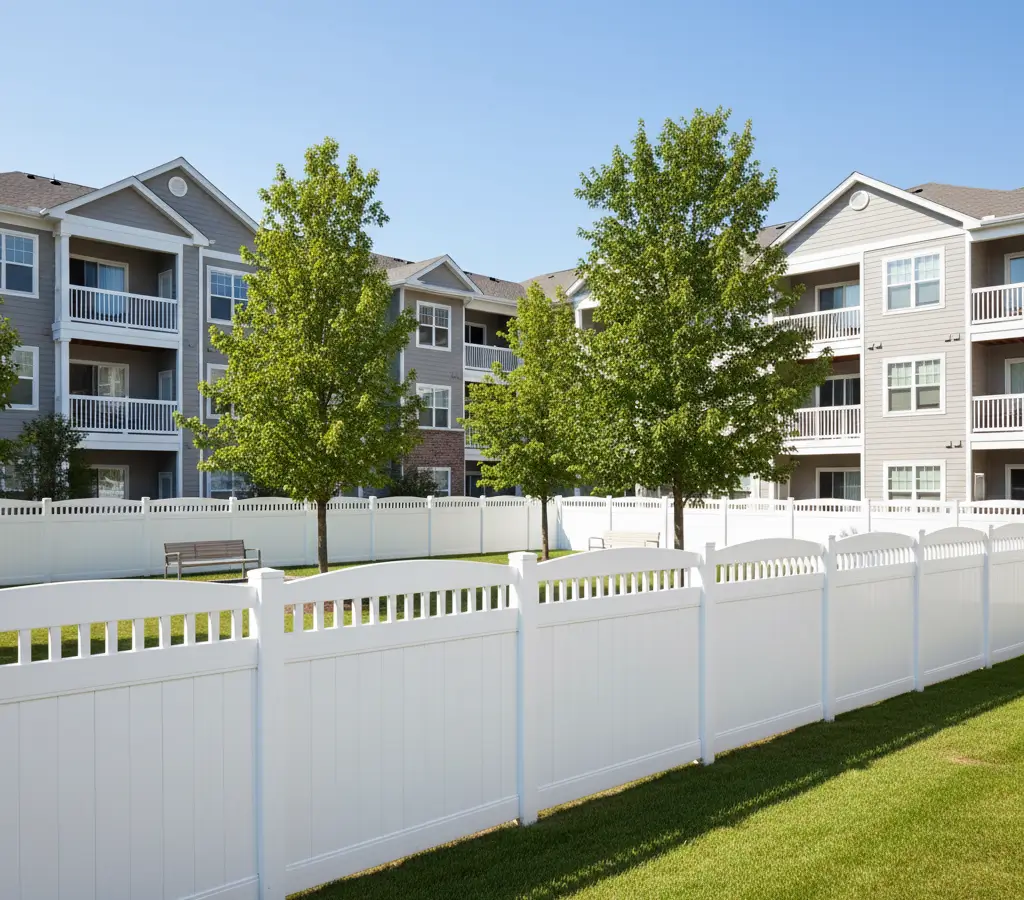 White vinyl and composite privacy fence enclosing an apartment complex courtyard with trees and benches.