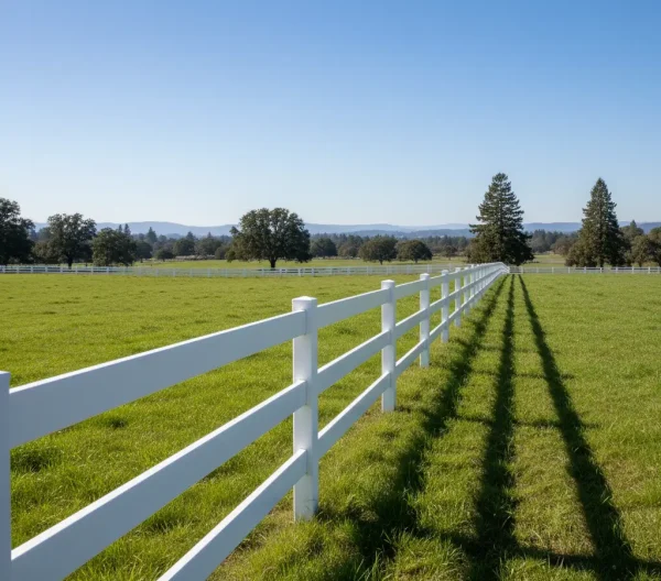 White vinyl ranch rail fence with three horizontal rails enclosing a large rural property with open fields and trees.