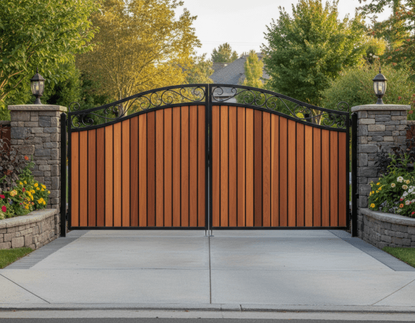 Custom driveway gate made of vertical redwood panels framed with black wrought iron and decorative scrollwork.