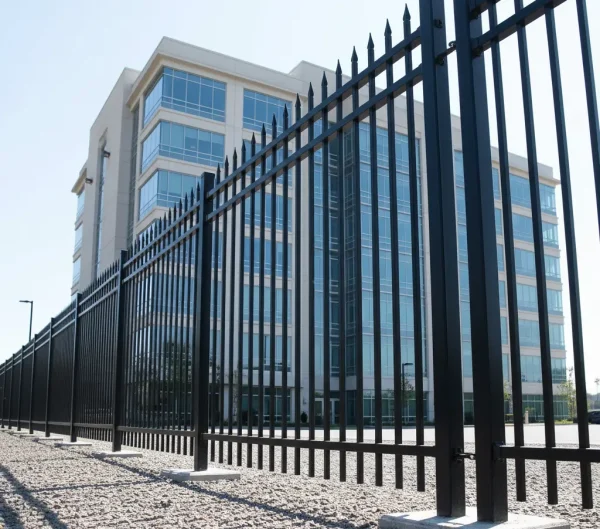 Tall wrought iron security fence with spear-point tops enclosing a commercial property.