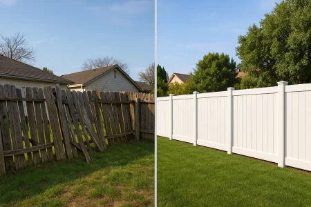 Side-by-side view showing a leaning, broken wooden fence with missing boards next to a sturdy new white vinyl privacy fence in a suburban Sacramento backyard, illustrating the contrast between risk and solution.