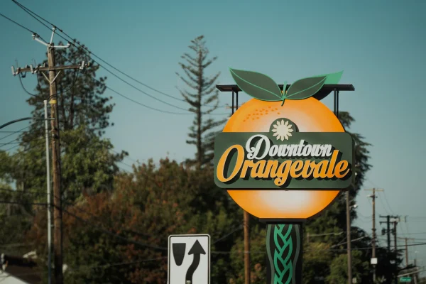 Decorative orange-shaped sign reading “Downtown Orangevale” with trees, utility poles, and power lines in the background.