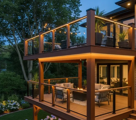 Outdoor deck with mixed-material railings of wood posts, black balusters, and glass panels overlooking a backyard.