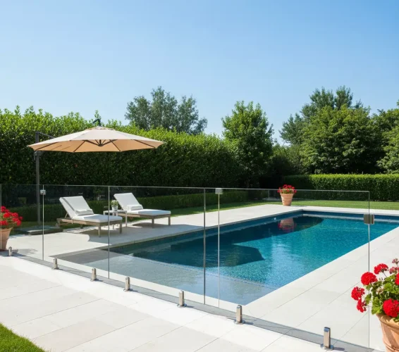 Clear tempered glass pool fencing enclosing a backyard swimming pool with lounge chairs and landscaping.