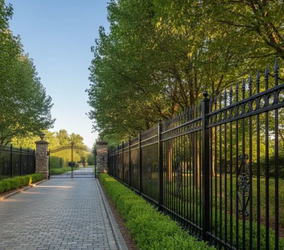 Black ornamental iron fence with spear-point tops enclosing a landscaped luxury estate driveway.