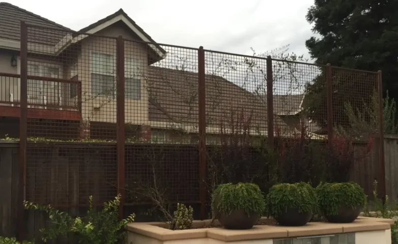 Iron and ornamental fence installed in a residential backyard in Granite Bay with vertical metal posts and square grid mesh panels providing privacy and supporting plant growth.