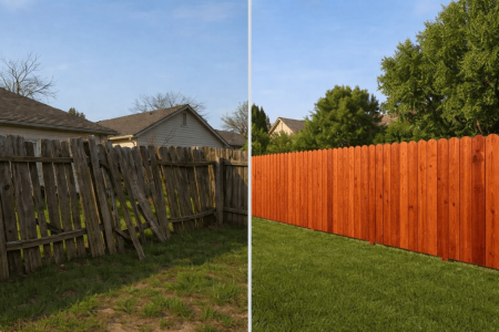 Before and after comparison of old damaged fence replaced with new redwood privacy fence in Orangevale by Horizon Fence Company