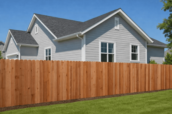 New redwood dog eared privacy fence installed at residential home in Orangevale by Horizon Fence Company