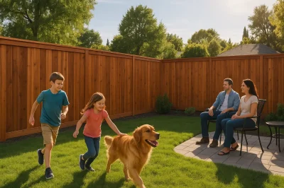 Family relaxing in a suburban Northern California backyard with children playing and a dog near a new redwood privacy fence